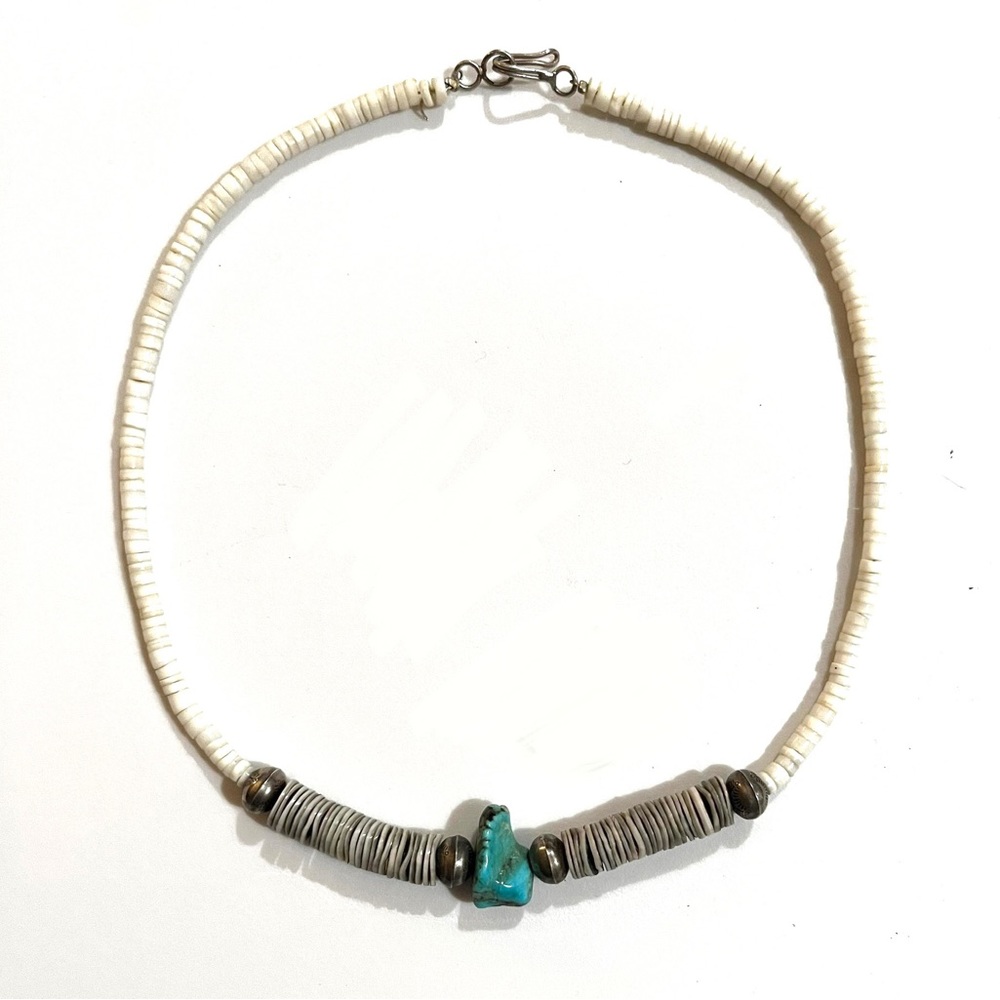 Vintage Santo Domingo 1960s Melon Shell Heishi  Turquoise Sterling Necklace